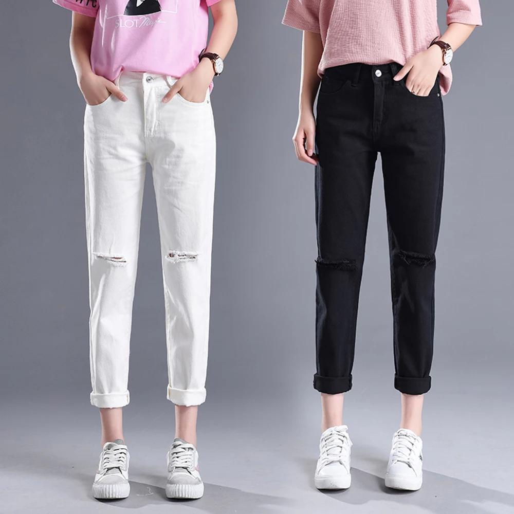 

2019 New Fashion Women's Ripped Holes Jeans High Waist Harem Pants Loose Washed Denim Pants Spring Ankle-length Casual Jeans