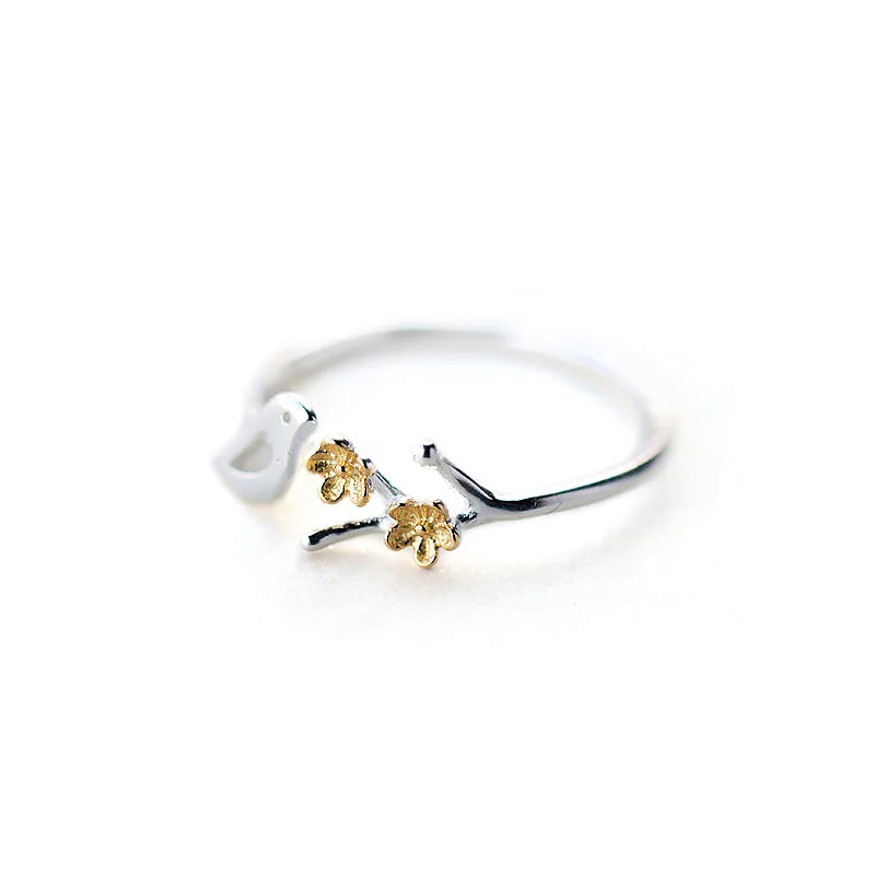 Gold Color Flower Leaves Open Adjustable Rings Bird 925 Ring Women 2018 Fashion Jewelry Delicate Ladies Party Rings Finger Ring