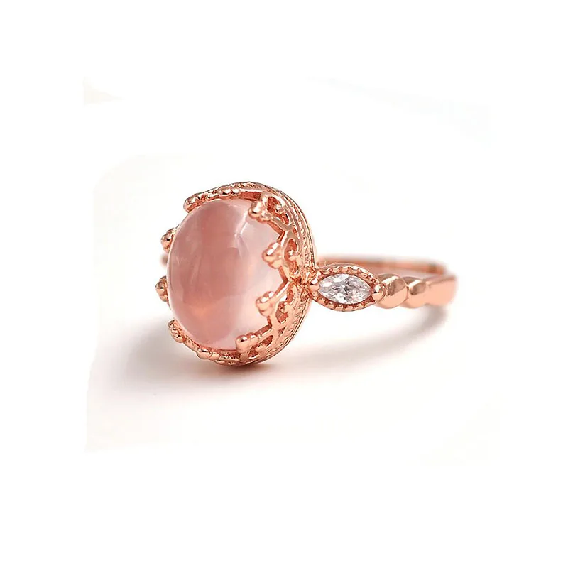 

Rose Quartz Gemstone Ring Rose Gold Color 925 Sterling Silver CZ Ring for Women Fine Jewelry MQ01
