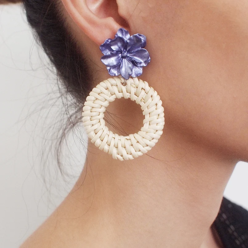 MANILAI Handmade Wooden Straw Weave Earrings Fashion Rattan Weaving Flower Circle Big Earrings Women Jewelry Purple White Color