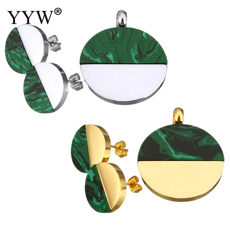

2017 Fashion Stainless Steel Jewelry Sets Pendant Earring with Malachite Flat Round Plated Pendant & Earring Women