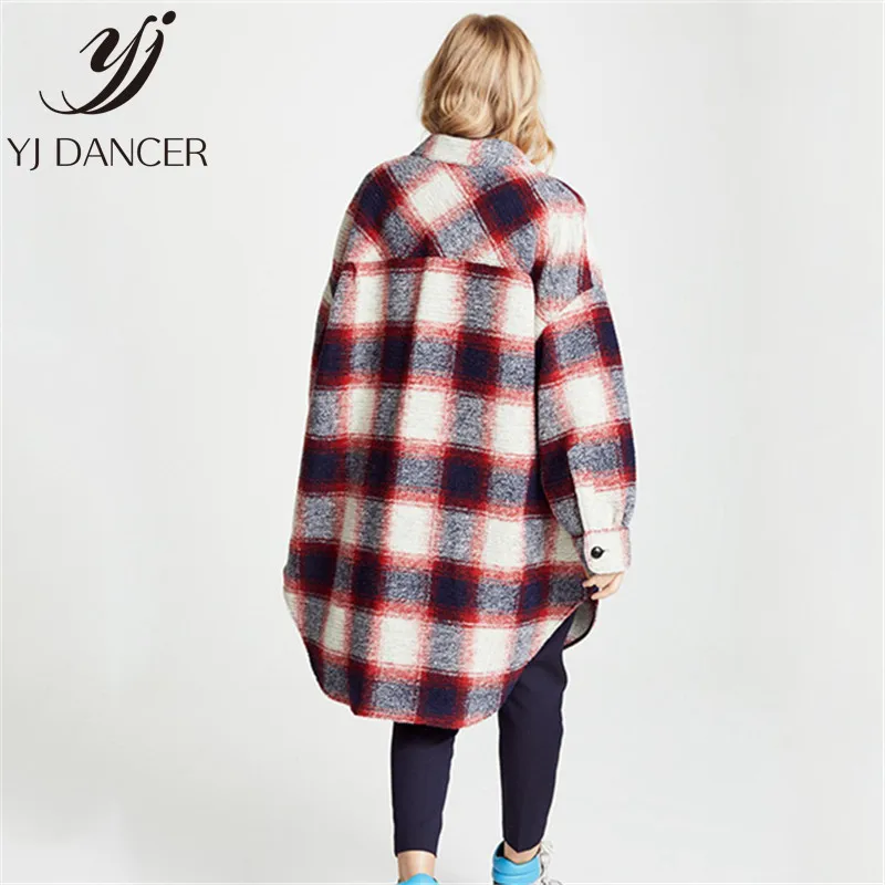 2018 Autumn Winter Woolen Coat New Loose Plaid Warm Coat In The Long Section Lapels Check Double Pocket Shirt Coat Women YZH508