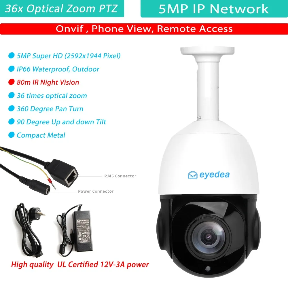 

Eyedea HD 5MP IP Network Onvif 36X Zoom PTZ 100m IR Night Vision 4 inch IP66 Waterproof Surveillance CCTV Camera Ceiling Bracket