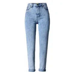 Для женщин длинные джинсы Высокая Талия снег мыть Тип джинсы Винтаж свободные прямые джинсы Мотобрюки (синий)