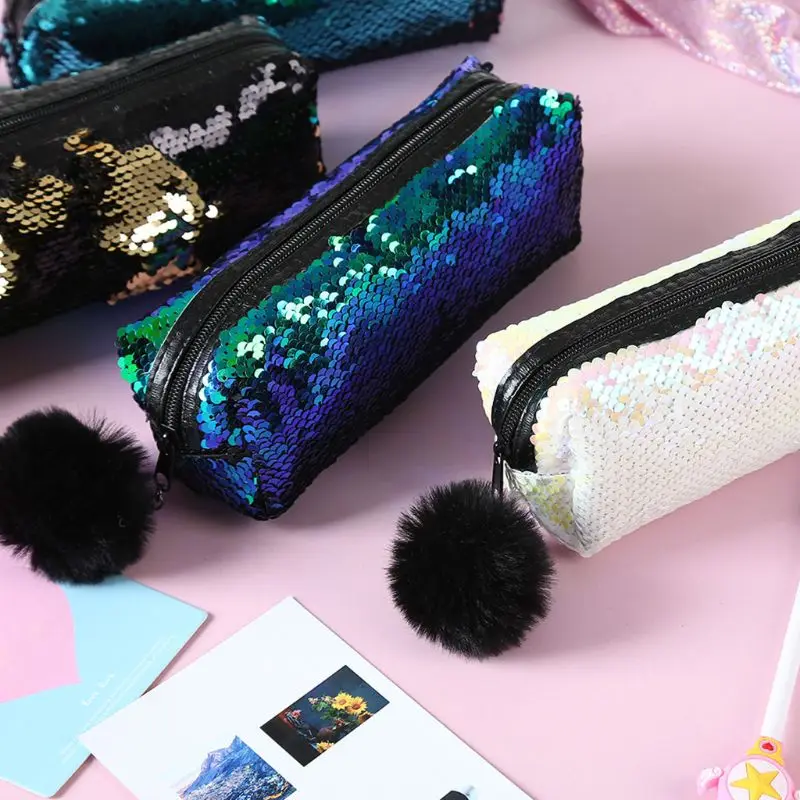 

School Pencil Case Reversible Sequin Hairball Makeup Bag For Girls Student Stationery Supplies