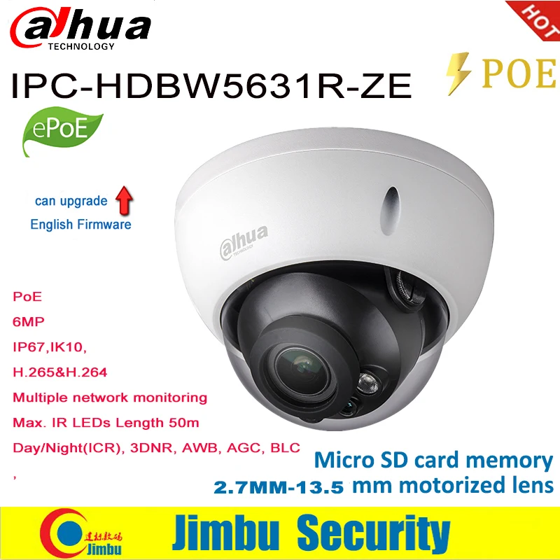 

Dahua6MP IP dome Camera poe IR 50M IPC-HDBW5631R-ZE 2.7mm ~13.5mm motorized lens Pan/Tilt/Rotation H.265&H.264 SD card slot