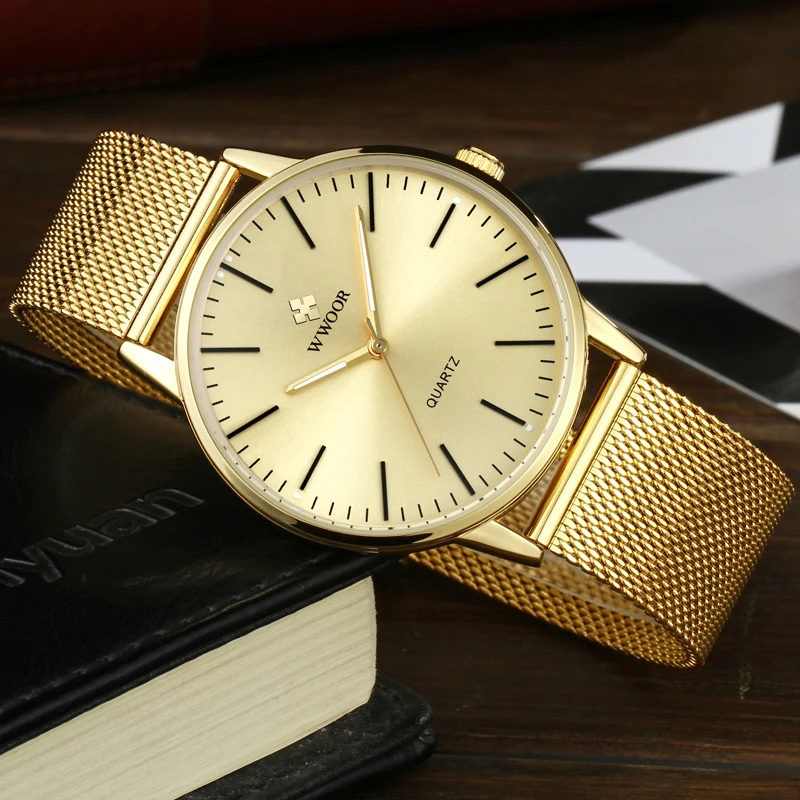 Buy WWOOR Men Simple Slim Quartz Watch Gold Steel Mesh Ultra Thin Men Watches Luxury Brand Waterproof Male Wrist Watch Golden Clock