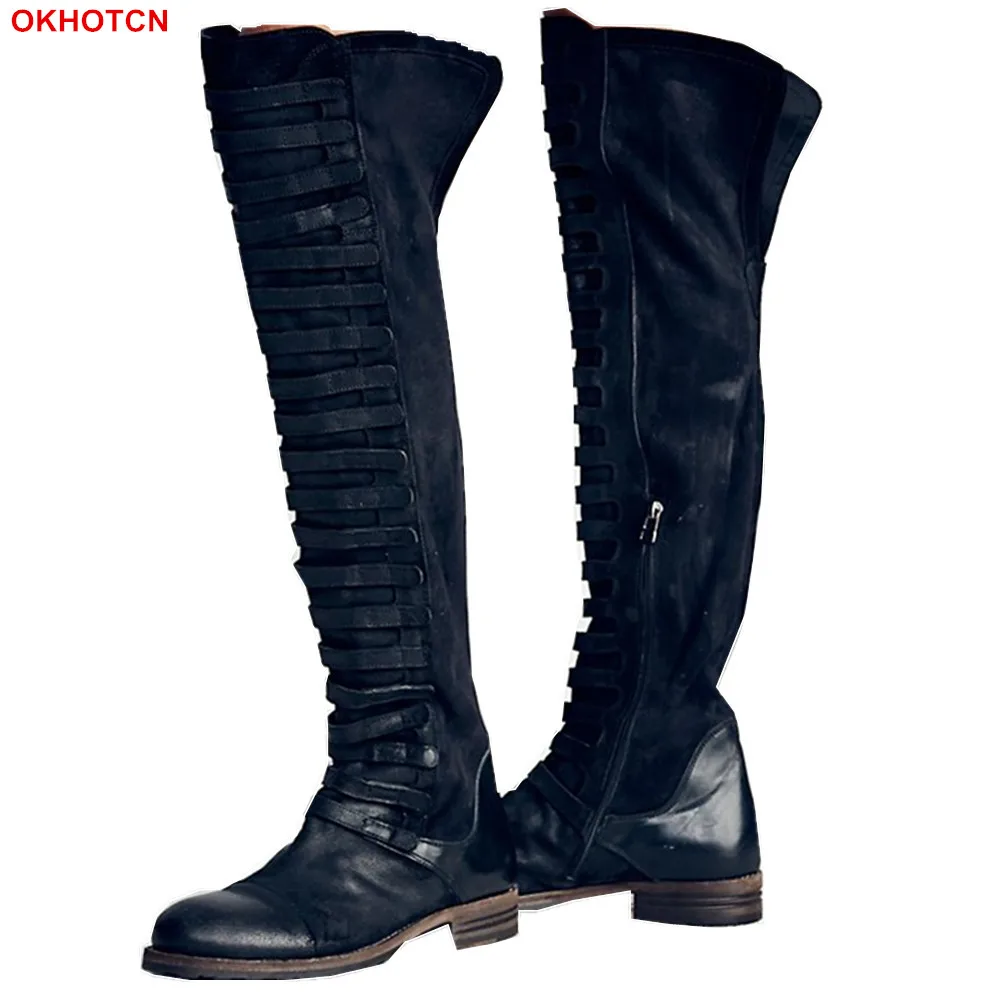 Okhotcn New British Retro Style Knee High Boots Women Black Olive