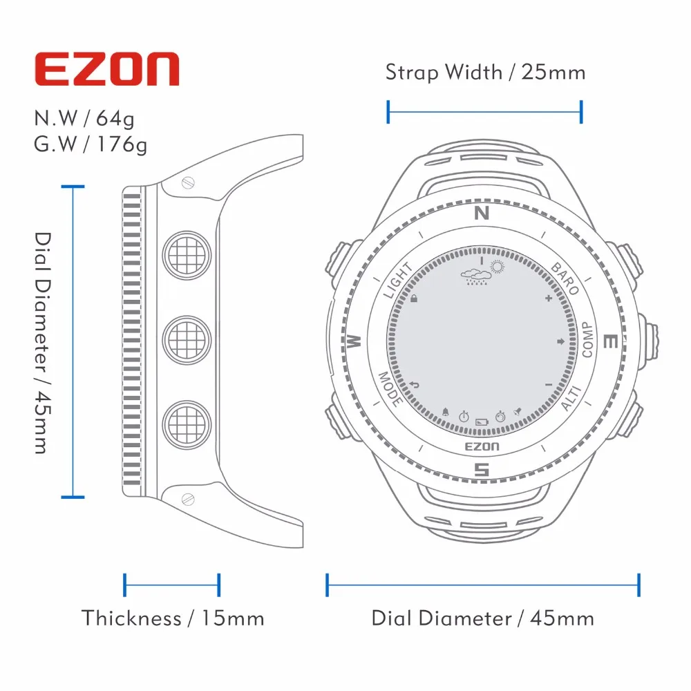 Новинка, многофункциональные походные часы EZON, мужские спортивные цифровые часы, высотомер, барометр, компас, термометр, альпинистские наручные часы