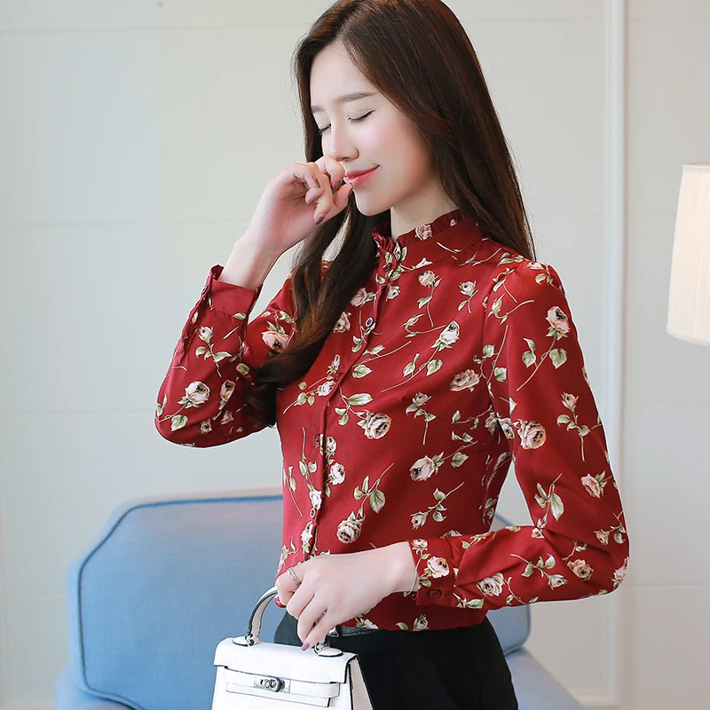 Dingaozlz جديد نمط المرأة بلوزة شيفون الإناث زهرة OL قمم الأزياء طويلة الأكمام زهرة قميص مطبوع