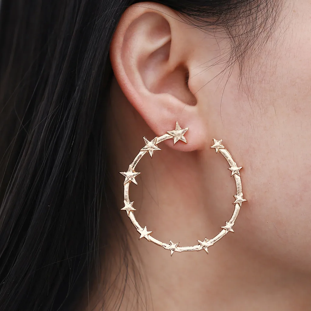

Punk Minimalist 40mm Thick Tube Big Gold Alloy Round Star Circle Hoop Earrings