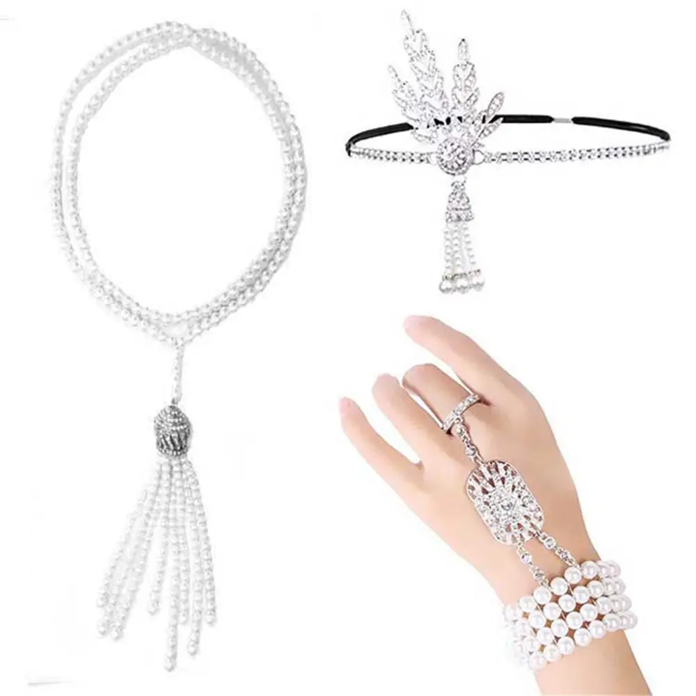 1920s Accessories Flapper Costume Dress Up 3 in 1 Great Gatsby Headband Flapper Necklace Bracelet Ring Set Roaring Accessories