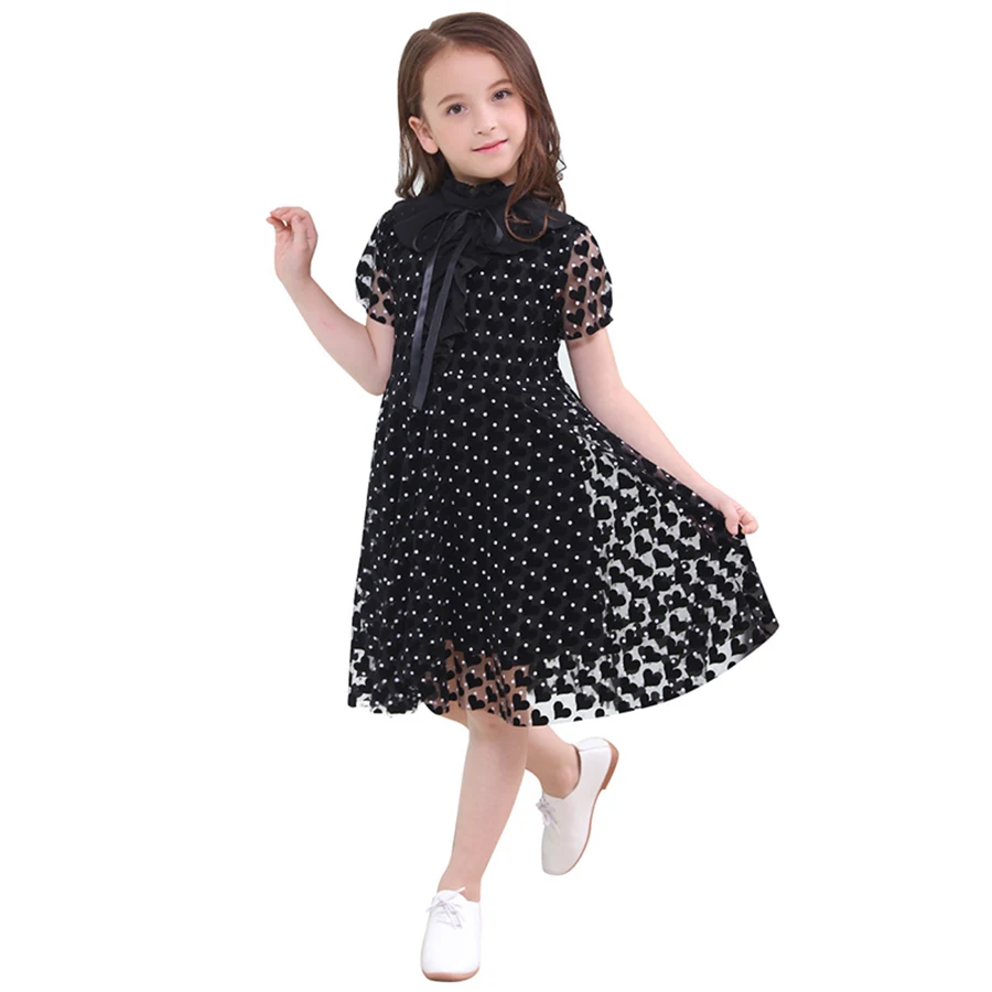

Cute Girls Black Short Sleeve Dress Kids Casual A-line Heart shaped Embellishment Dress Teens Girls Dresses 6 8 10 12 14 16 year