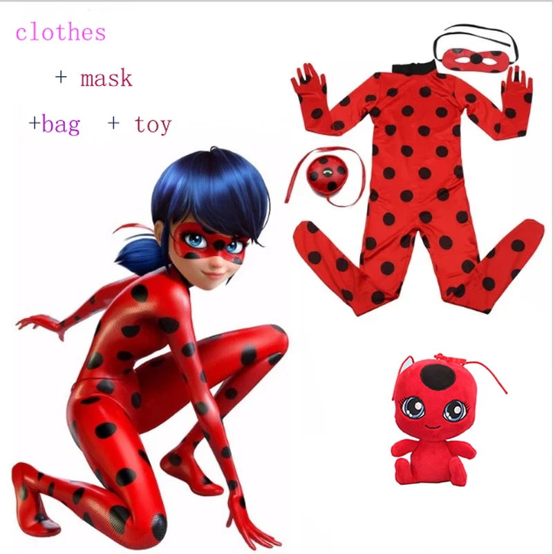 Ladybug Girl clothes Miraculous Kids Marinette Cartoon Second Skin Halloween Party costumes Suit cosplay costumes+mask+bag+toy Ladybug Girl clothes Miraculous Kids Marinette Cartoon Second Skin Halloween Party costumes Suit cosplay costumes+mask+bag+toy