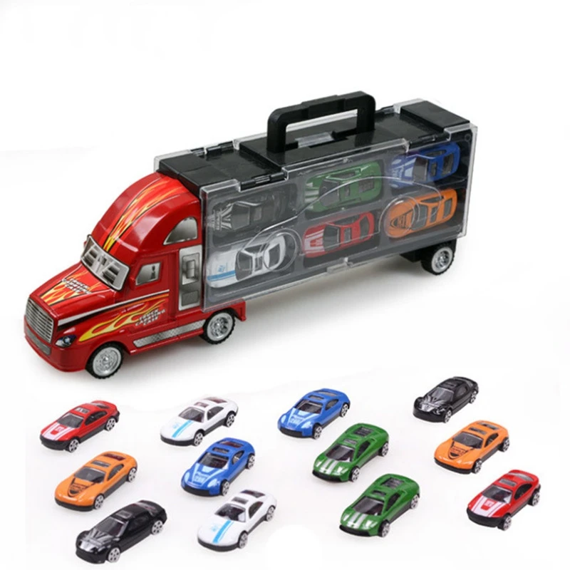 New 12 Pcs Set Alloy Vehicle With Portable Truck Diecast Model Inertial Luxury Car Collectible Toys