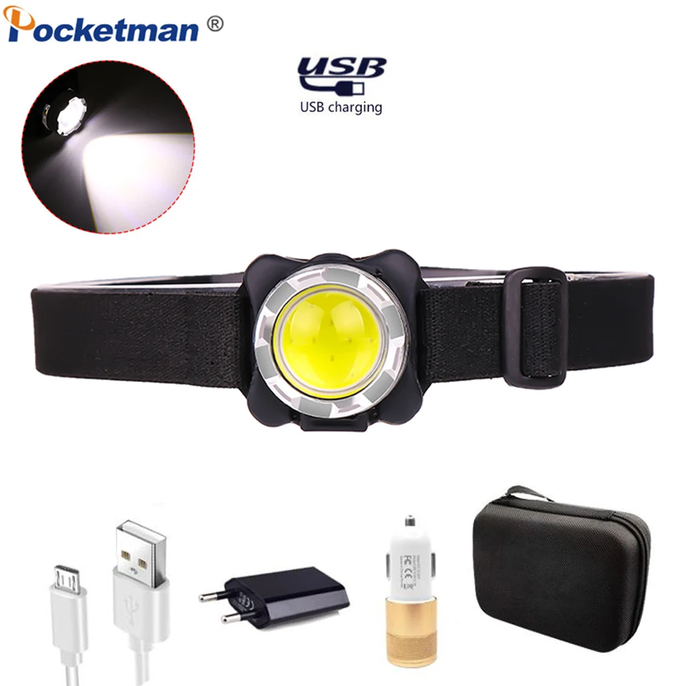 

Pocketman Headlamp USB Headlight COB LED Head Lamp Rechargeable Head Light Waterproof with Built-in Battery White Red Lighting