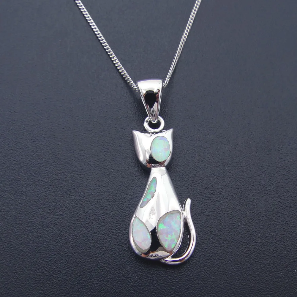 

New Pendant Charm Fashion 925 Silver Plated Pendant with White Fire Opal Small Cat Pendant for Girls Birthday Gift without Chain