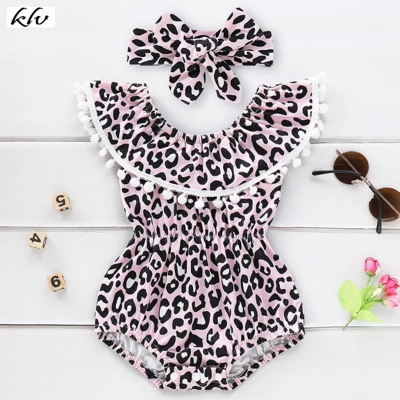 

Newborn Baby Girls Infant Romper Off-Shoulder Leopard Print Romper Jumpsuit Playsuit Outfits Headband Summer Children Clothes