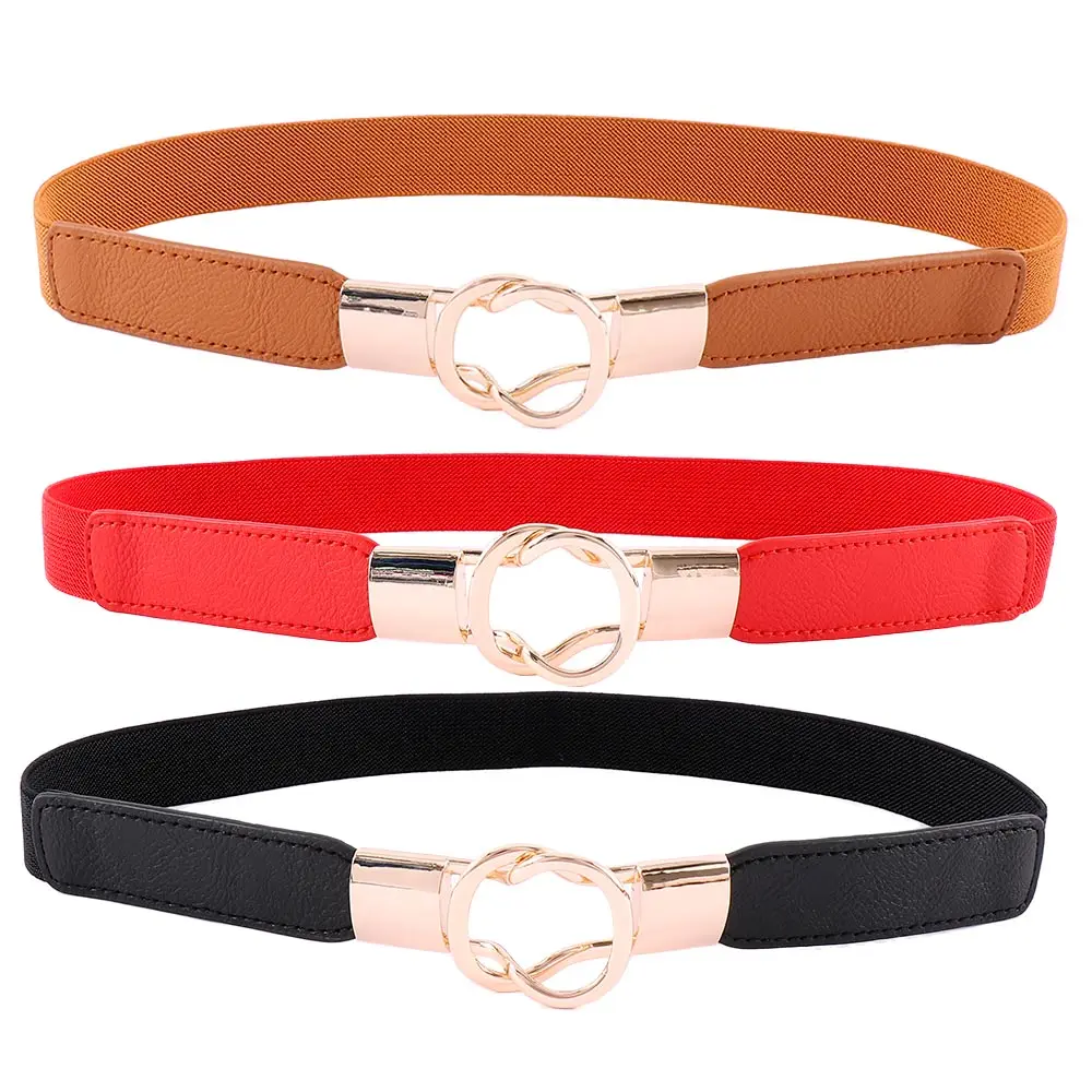 Trendy Women Gold Color Metal Buckle Leather Wide Belt Stretch Elastic