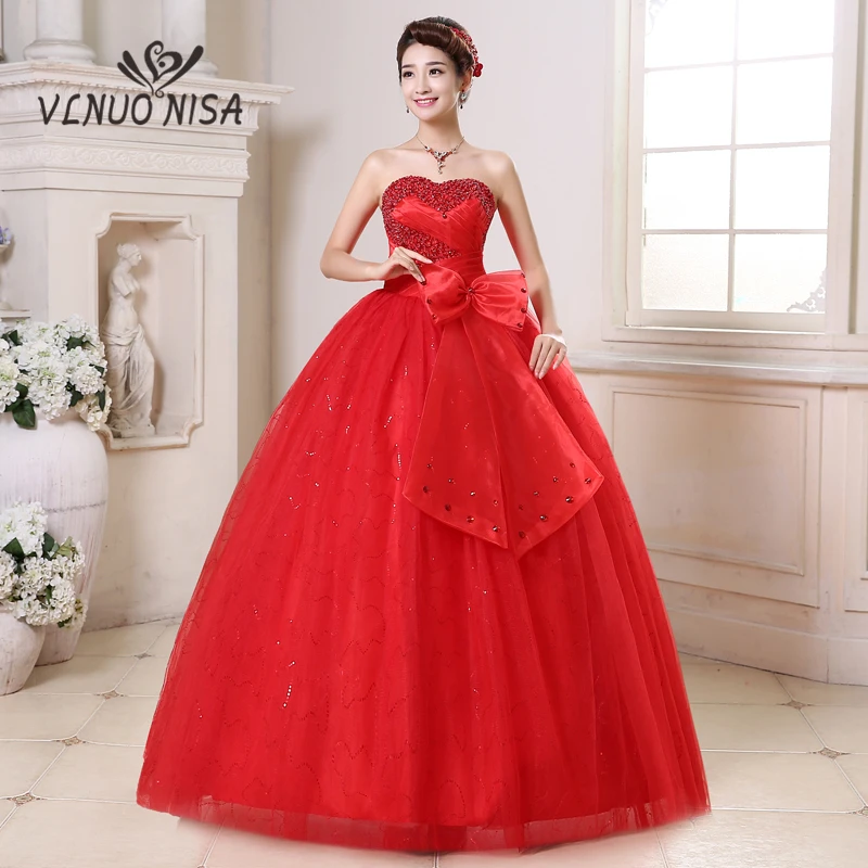 Tanie VLNUO NISA Sweetheart czerwona suknia ślubna piękny łuk Backless Lace