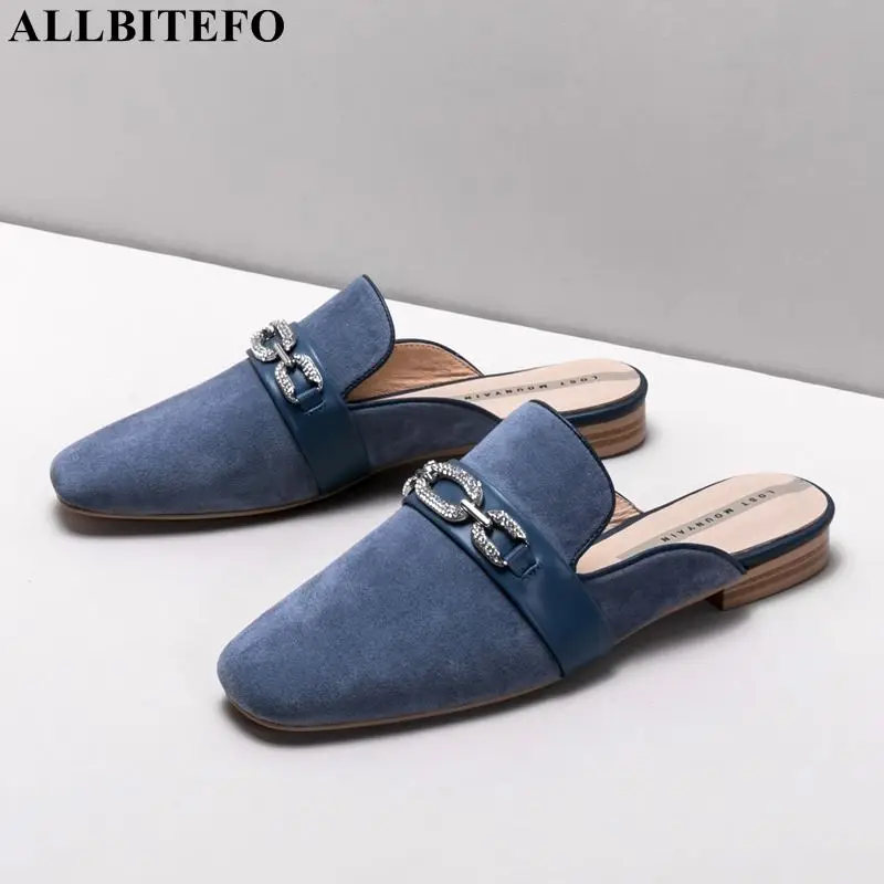 

ALLBITEFO fashion brand full genuine leather Rhinestone low-heeled women slippers summer women sandals comfortable women heels