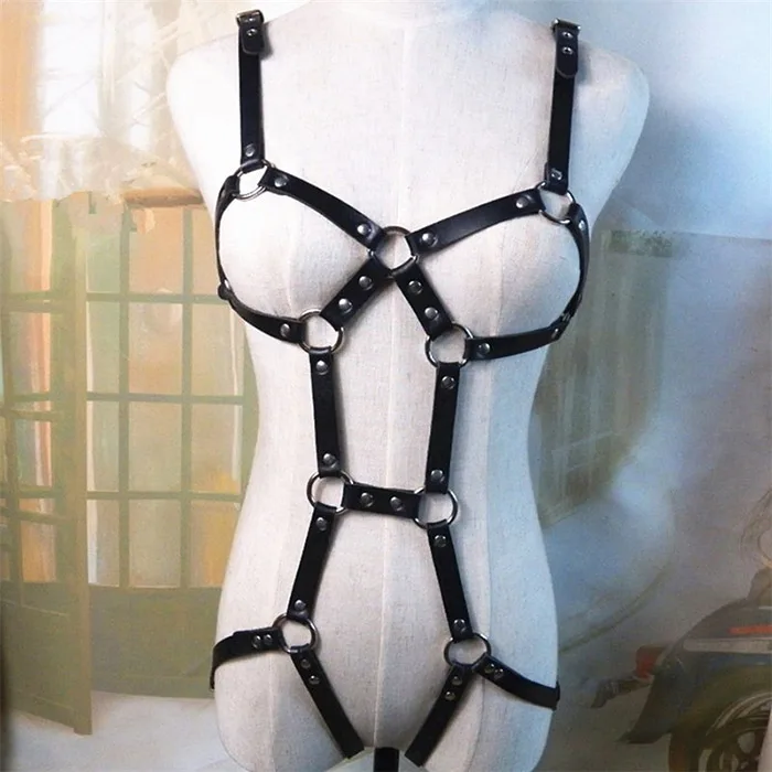 Металлические заклепки из искусственной кожи грудь талия бедра ремни женское белье боди ремень набор сексуальный регулируемый боди бондаж наряды с ремнями - Цвет: Black
