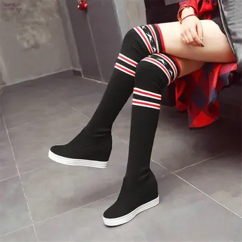 

Elastic Thigh High Trainers Women Faux Suede Wedges Slip On Over The Knee Boots High Heel Creepers Punk Sneakers Knitting Pumps
