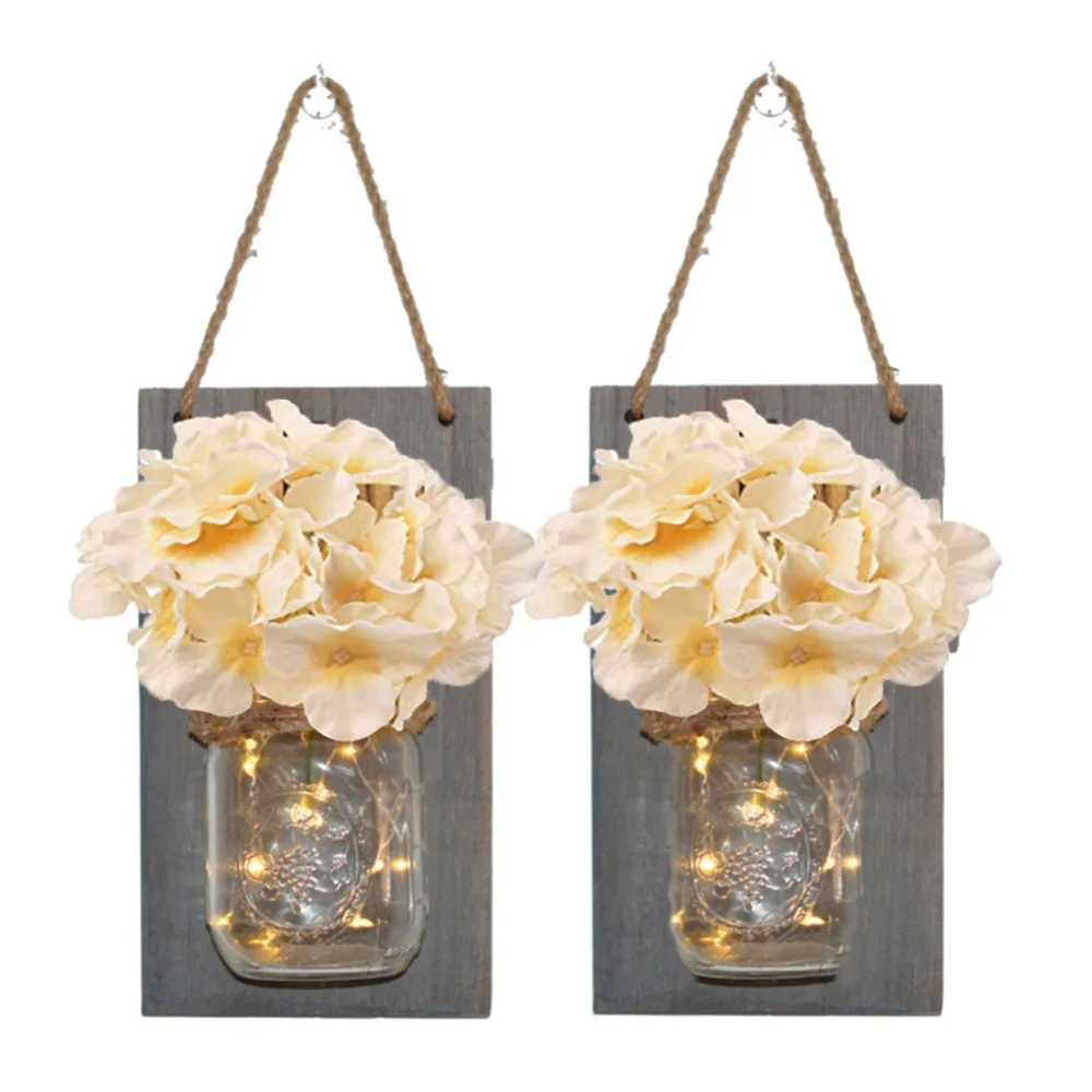 

2 Rustic Mason Jar Wall Light LED Fairy Lights Flower Wall Sconces Remote Control Dimmable Wall Lamp Cafe Bar Bedroom Decoration