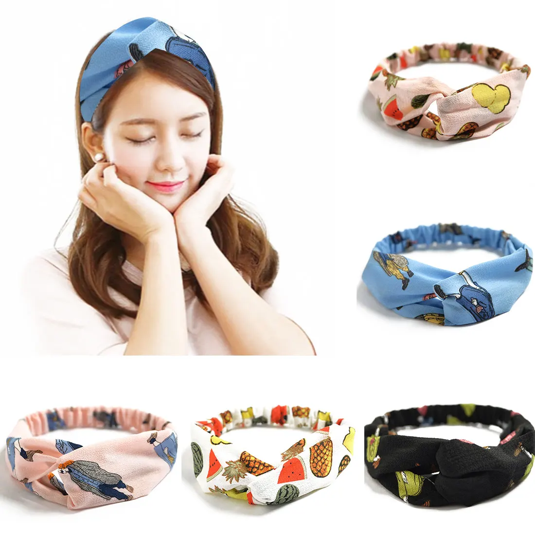 

Women Bandanas Twist Cross Elastic Headband Women Girls Bow Knot Hairbands Bohemian Turban Pinapple Watermelon Hair Band