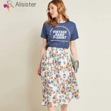 Новая Винтажная Женская юбка с цветочным принтом с высокой талией, в полоску юбки горошек дна до колена плиссированный материал юбки женская одежда плюс размер