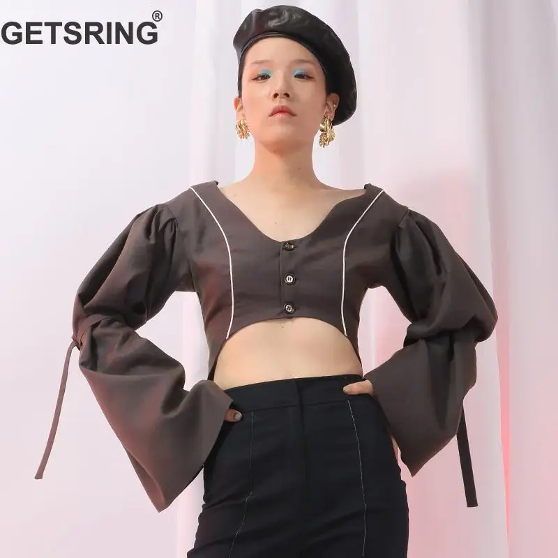 GETSRING Женская куртка темно-клетчатая нестандартная короткая куртка с v-образным вырезом с расклешенными рукавами женские с высокой талией топы с открытой спиной повязки короткие куртки