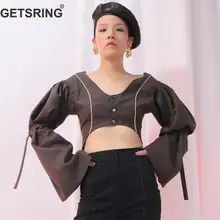 GETSRING Женская куртка темно-клетчатая нестандартная короткая куртка с v-образным вырезом с расклешенными рукавами женские с высокой талией топы с открытой спиной повязки короткие куртки