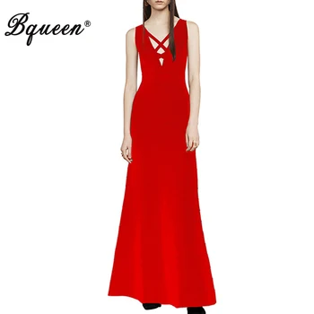 

Bqueen 2017 New Sexy Deep V Floor Length Backless Lady Party Dress Elegant Hollow Out Spaghetti Strap Autumn Women Bandage Dress