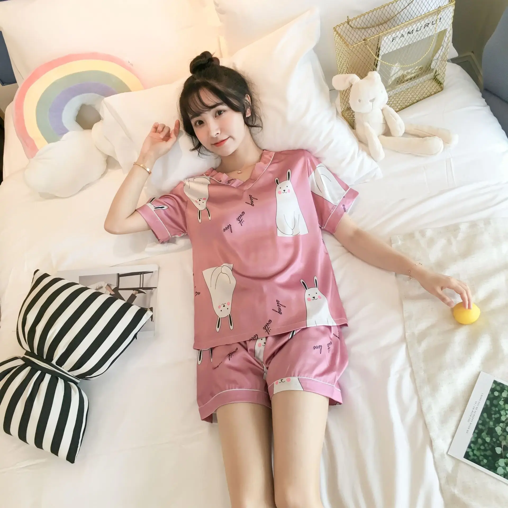 Pajama girls summer ice silk short sleeves two pieces of suit Korean fresh sweet lovely students thin silk home clothes