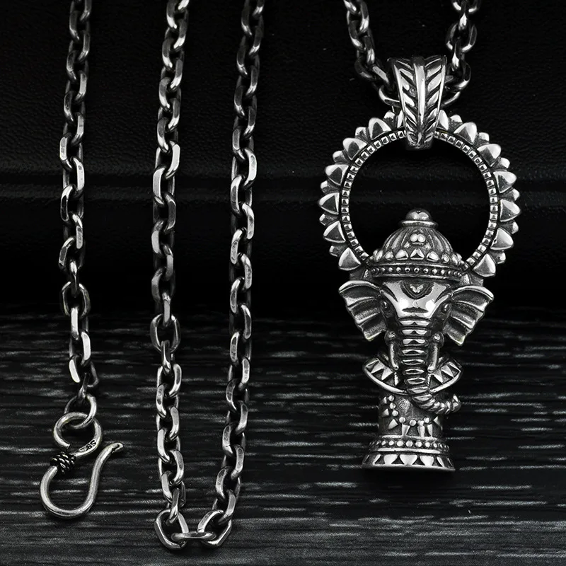 

Retro Solid Real 925 Silver Sterling Necklace vintage Buddha Fashion Indian Halo Elephant God Thai Silver pendant necklace