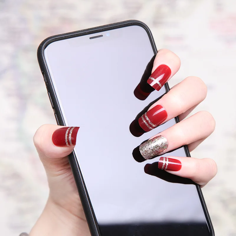 24pcs/set fake nails stiletto Jewelry full sets Shiny diamond chain false red handmade DIY Match jewelled nails# | Красота и здоровье