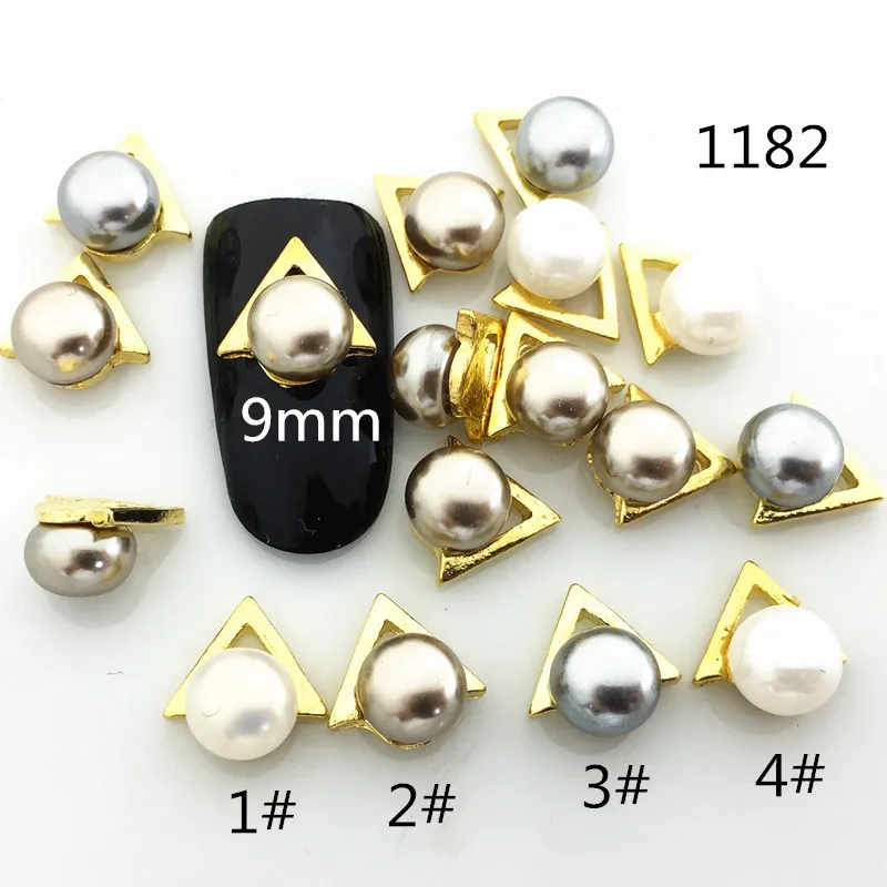 

10Pcs/Lot Japan 9mm Gold Triangle with Pearl 3D DIY Metal Alloy Nail Art Deco Nail Stickers/Charms/ Tools for Manicure