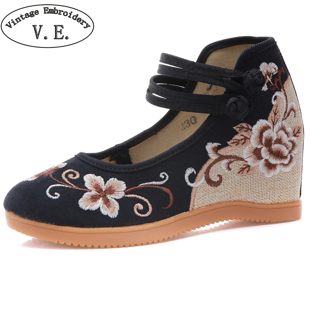 

Women Canvas Embroidered Hidden Wedge Platform Shoes, Denim Med Heel Sneakers Retro Ladies Comfort Cotton Pumps Shoes Woman