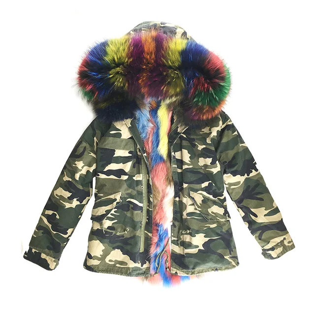 Best price at $248 Cheap Women Large Real Raccoon Fur Collar Army Camouflage Coats Real Fox Fur Inner Jacket Female hooded Winter short Jackets