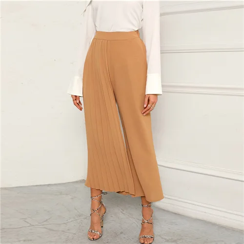 Sheinside хаки элегантные плиссированные широкие брюки для женщин весенние укороченные брюки с эластичной талией Женские однотонные брюки со средней талией - Цвет: Хаки