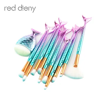 

7-11PCS Make Up Foundation Eyebrow Eyeliner Blush Cosmetic Concealer Brushes Mermaid Fish Tail Makeup Brushes pinceis sereia
