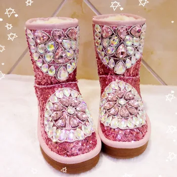 

Winter design custom luxury real cowhide rhinestone gemstone tube snow boots thick warm women's boots large size.