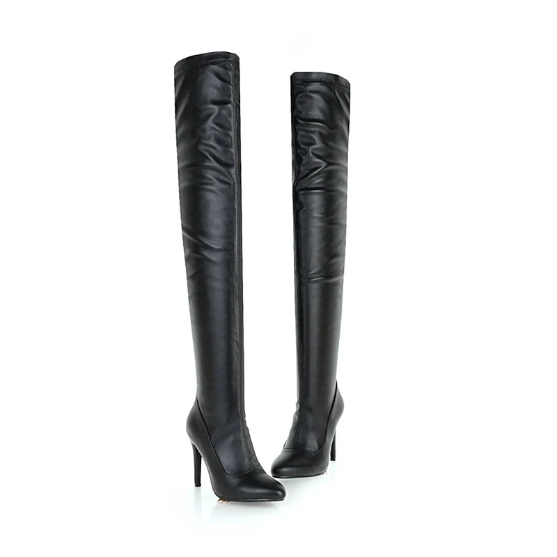 WETKISS/пикантные женские сапоги выше колена на тонком высоком каблуке Женская обувь с острым носком зимняя теплая обувь, очень большой размер 33-48