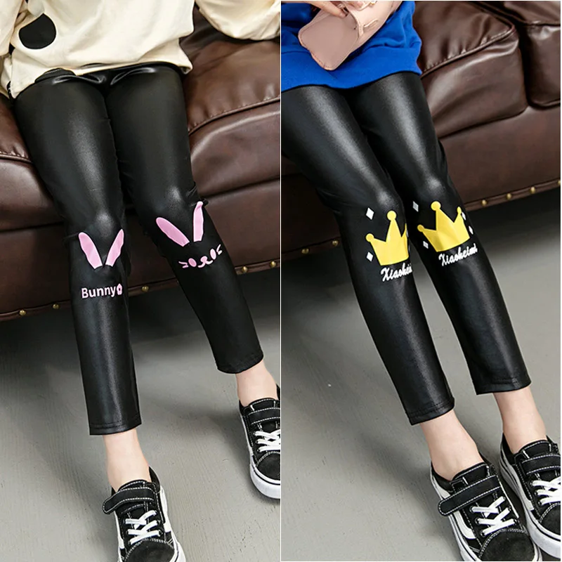 

Kids Girls Autumn Leggings Spring Faux Leather Leggings Children Clothing Rabbit Crow Trousers Size 2 3 4 5 6 Year Pencil Pants