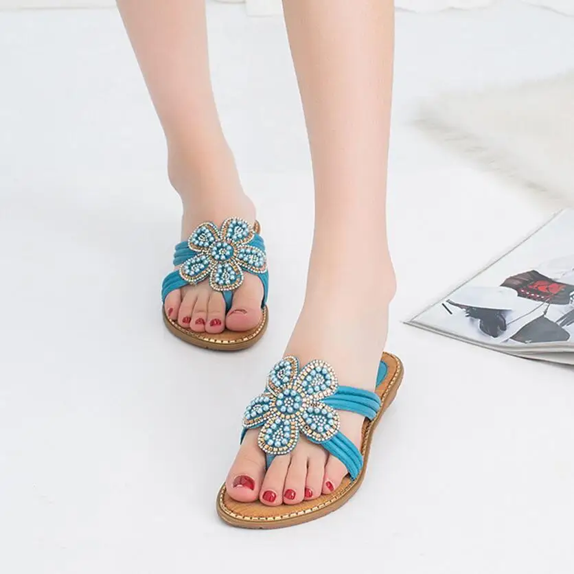 

Shoes Woman Sandals 2019 Beach Summer Beach Gemstone Floral Beaded Flip Flops Bohemia Ladies Shoes Causal Flat Sandals