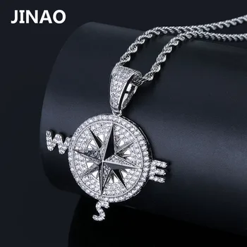 

Men's Iced Out Compass Necklaces & Pendant Bling Cubic Zircon Chains High Quality Hip Hop Gold Silver Color Charm Jewelry Gifts