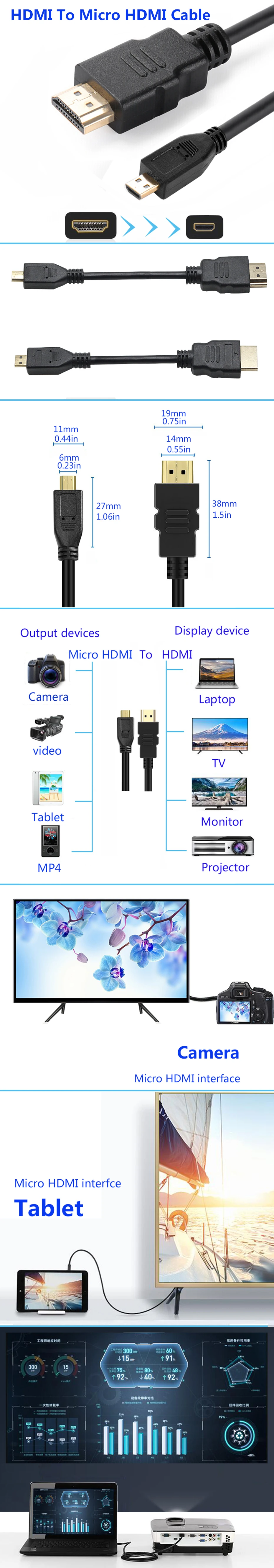 AIXTON 1,4 Версия позолоченный кабель Micro HDMI к HDMI 3D 1080P Male-Male для телефона планшета HDTV PS3 xbox камера