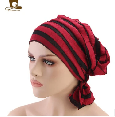 wine red and black Новая мода женщин морщин рюшами химиотерапия шляпа бини шарф тюрбан головные уборы для рака - Цвет: wine red and black
