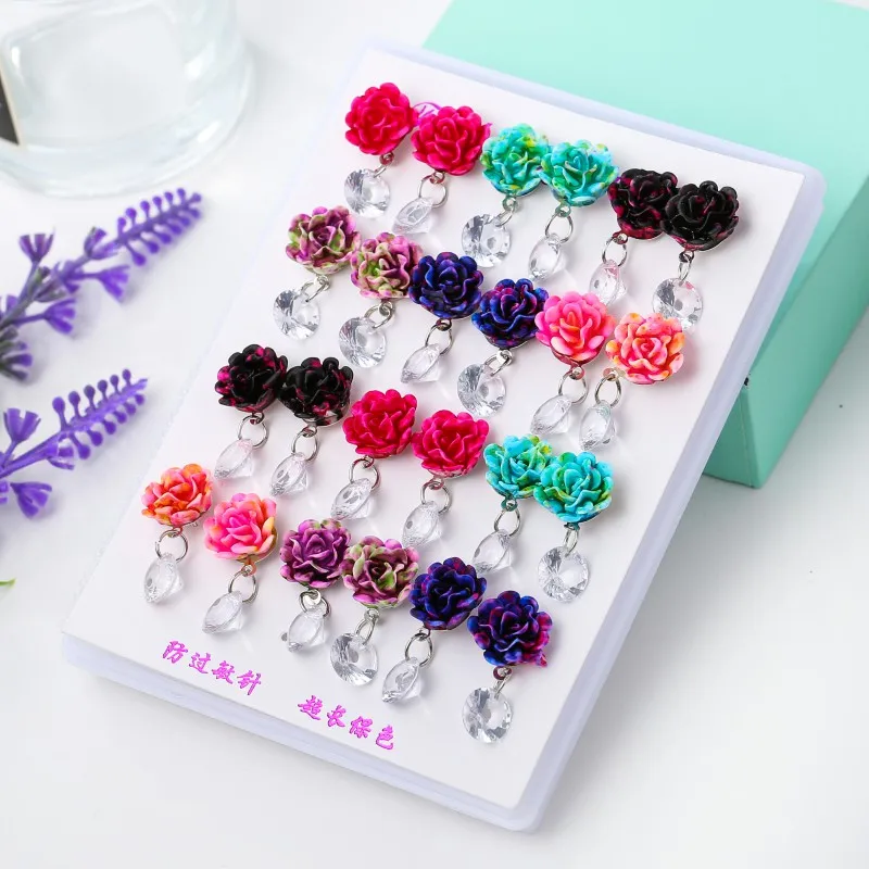 

YANG&RH Randomly New Fashion 12 Pairs Colorful Resin Stud Earrings Set Femme Bijoux Hot Selling Crystal Brincos Girls