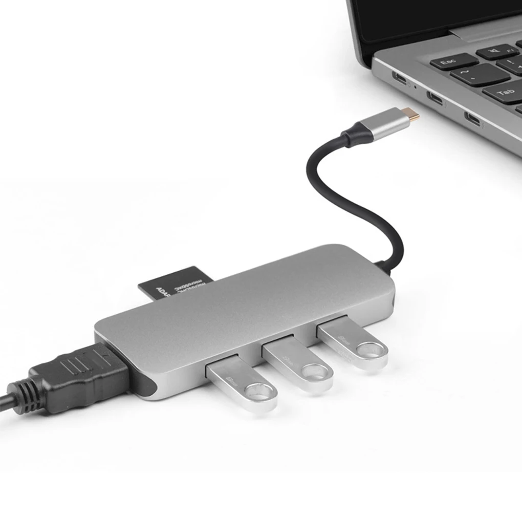 

7 in 1 Aluminium Alloy Type C Hub 4K HD SD/TF Card Reader 3 Ports USB Converter Cable Type C Hub Adapter